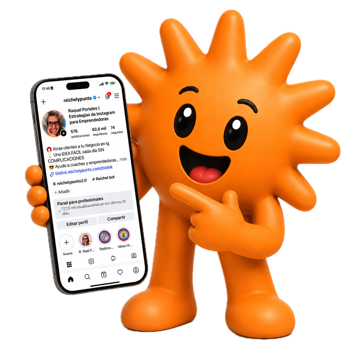Mascota de Reichelypunto2.0 señalando un móvil con el perfil de Instagram @reichelypunto